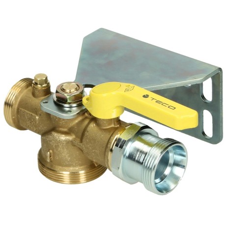 Ball valve for gas meters straight form with thermally activated shut-off device