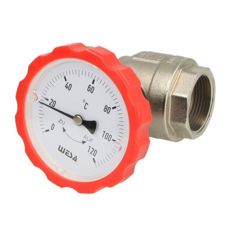 WESA-ISO-therm-pomp-kogelkraan 1¼" SKB, met thermometerhandgreep, rood
