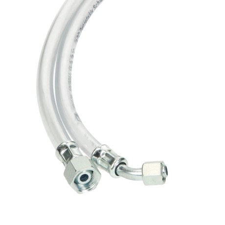 transparent hose, 1000 mm, e/s DIN DI + LN G 3/8", a/s 8-45° + SR + LN 8 LL