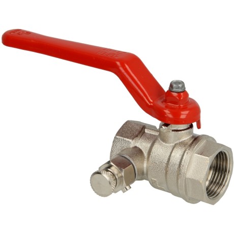 Brass ball valve 1 1/4" IT/IT, drain with steel lever, red, PN 25, MS 58