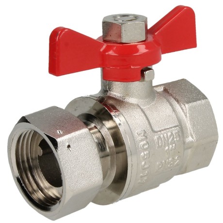 Brass ball valve 1" x 1" IT/lock nut with wing handle red, PN 25, MS 58