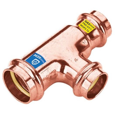 Gas press fitting copper T-piece reduced 22 x 15 x 22 mm F/F/F contour V