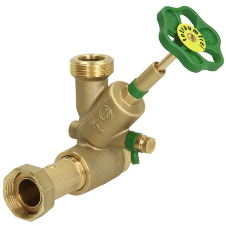 Distribution T valve KFR with drain DN20 1" inlet x 1 1/4" outlet, top, brass