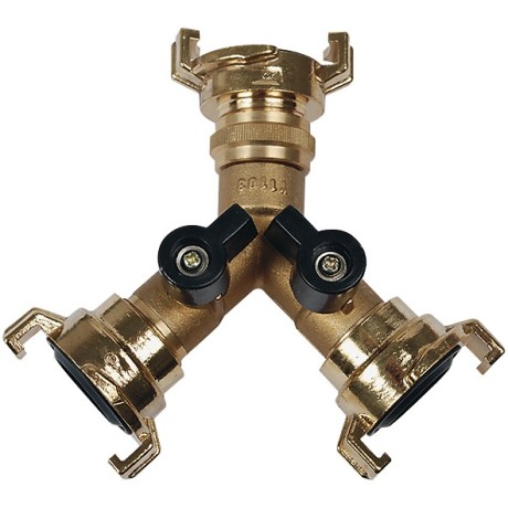 Brass Y distributor, with 3 x quick coupling, two shut-off ball valves